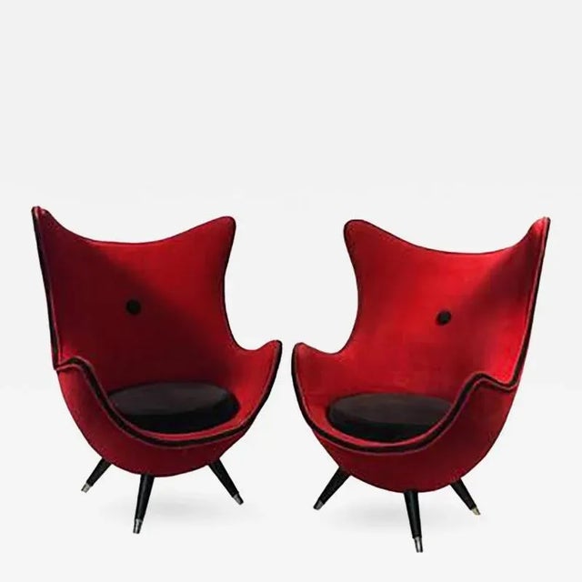 Late 20th Century Modernist Red/black Lounge Chairs Attributed to Jean Royere - a Pair For Sale - Image 5 of 5