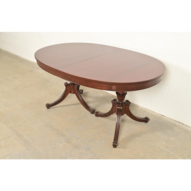 English Baker Furniture Style Regency Mahogany Double Pedestal Extension Dining Table, Newly Refinished For Sale - Image 3 of 14