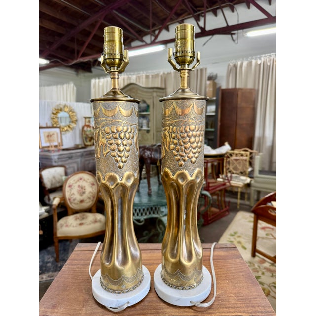 Art Deco Early 20th Century French Wwi Trench Art Brass Artillery Shell Lamps With Italian Marble Bases - a Pair For Sale - Image 3 of 4