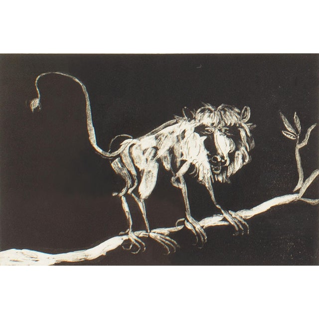 A 1967 aquatint print by Israeli-American artist Benjamin Levy (1940-2022). This abstract work depicts a monkey standing...