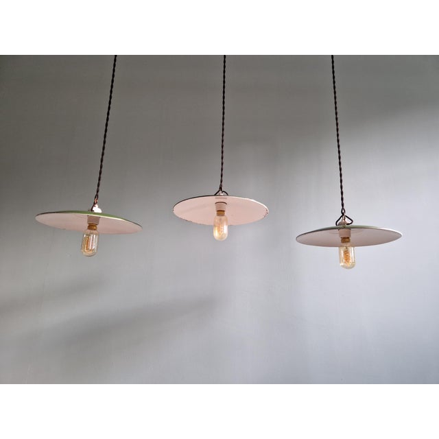 Vintage Industrial Pendant Lights in Green Enameled Sheet Metal and Porcelain, 1940s, Set of 3 For Sale - Image 9 of 18