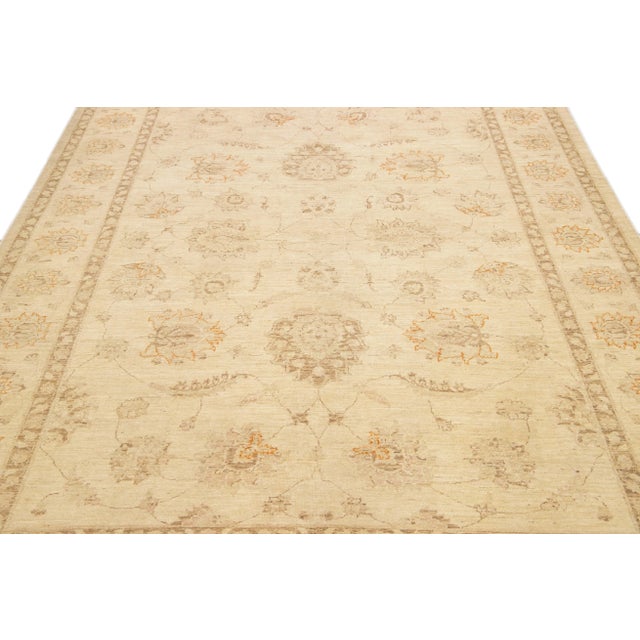 Modern Beige Modern Oushak Handmade Floral Designed Wool Rug For Sale - Image 3 of 11