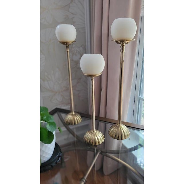 Vintage Brass Candlestick Set Scalloped Design Solid Brass Candle Holders Set of 3 Boho Classic Decor For Sale - Image 4 of 7