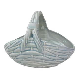 Mid-Century Blue Ceramic Basket With Handle For Sale