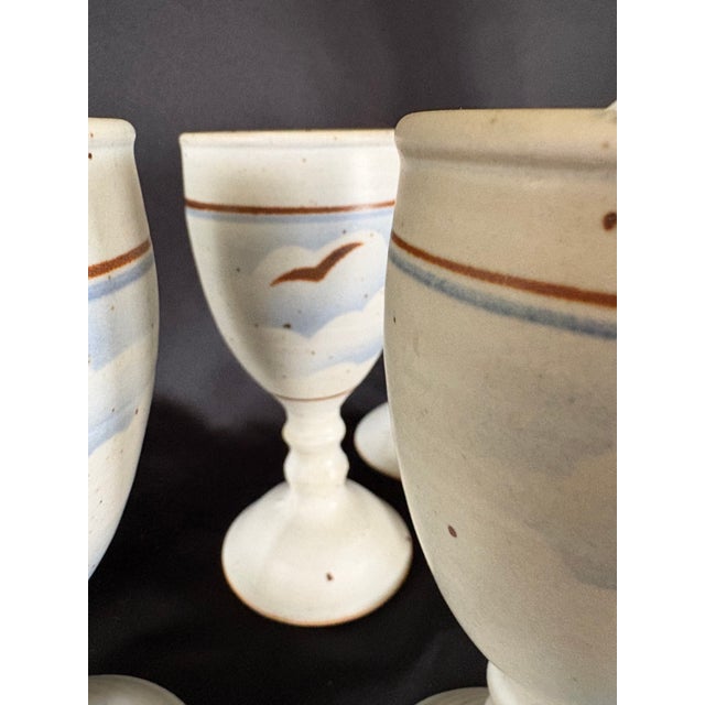 Ceramic Drink Set With Lidded Pitcher and 7 Wine Goblets Wheel Tossed and Hand Painted Beach Scene Marked Rm - 8 pcs For Sale - Image 9 of 9