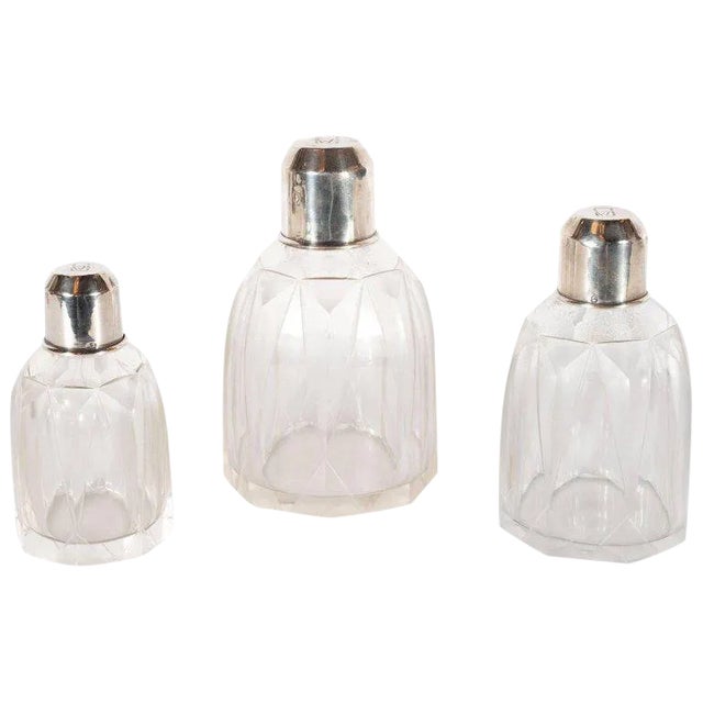 Art Deco Skyscraper Style Sterling Silver & Geometric Beveled Glass Perfume Set - Set of 3 For Sale