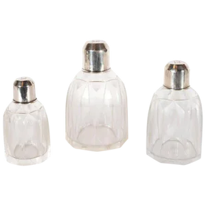Art Deco Skyscraper Style Sterling Silver & Geometric Beveled Glass Perfume Set - Set of 3