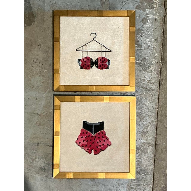 This delightful pair of original vintage needlepoint artworks epitomizes the whimsical "Grandmillennial" aesthetic,...