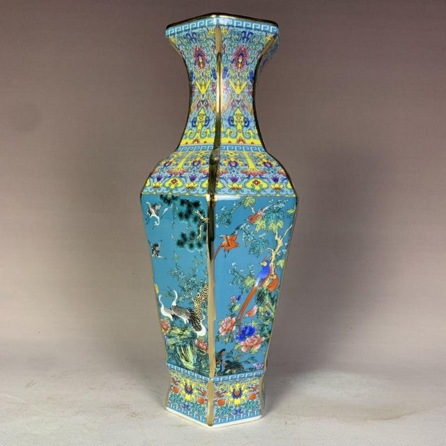 Art Deco Mid 20th Century Striking Turquoise-Ground Famille Rose Hexagonal Porcelain Vase With Bird & Floral Motifs For Sale - Image 3 of 7