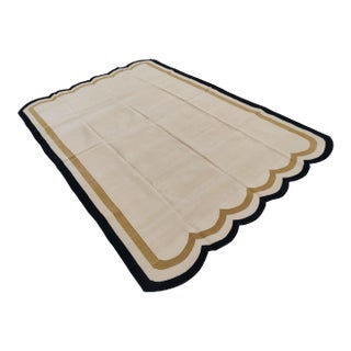 Handmade Cotton Scalloped Rug, Light Yellow with Tan and Black Border - 9'x12' For Sale