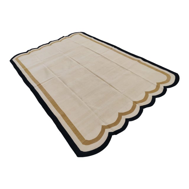 Handmade Cotton Scalloped Rug, Light Yellow with Tan and Black Border - 9'x12' For Sale