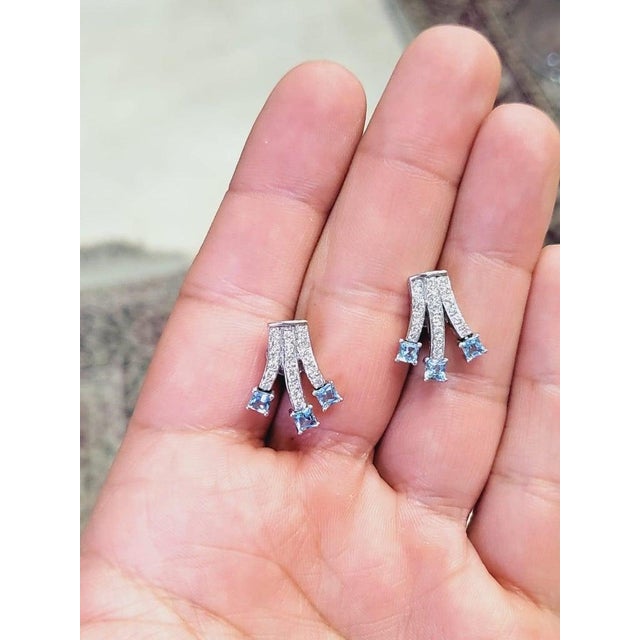Set in 18k White Gold, 1.82 Carats, Natural Aquamarine & Diamonds Stud Earrings, Pair For Sale - Image 9 of 9