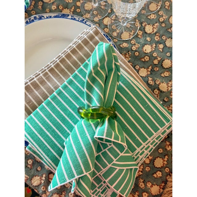 1970s Vintage Striped Linen Cotton Blend Cloth Napkins, Set of 6, Emerald Green and White For Sale - Image 5 of 5