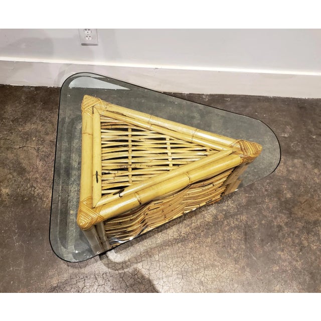 Paul Frankl Triangular Rattan Side Table With Glass Top For Sale - Image 4 of 8