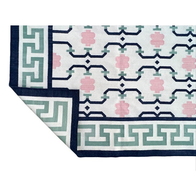 Casa Cosima Not Yet Made - Made To Order Handmade Cotton Area Rug Cream, Green, Pink & Navy Blue Bordered Geometric Dhurrie - 10'x14' For Sale - Image 4 of 11