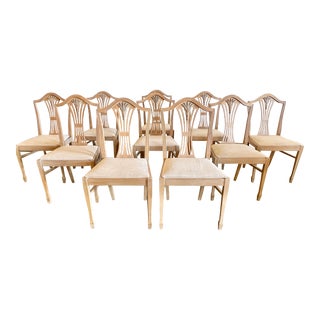 Vintage Sheraton Style Hand Carved Shield Back Dining Chairs Newly Upholstered - Set of 10 For Sale