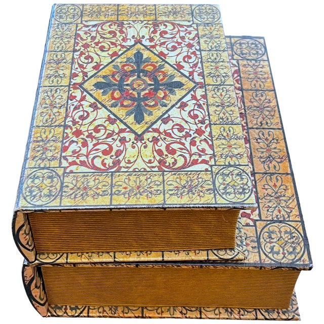 Decorative pair of trompe l’oeil book-form storage boxes, circa 2000s, designed in the style of traditional Italian...
