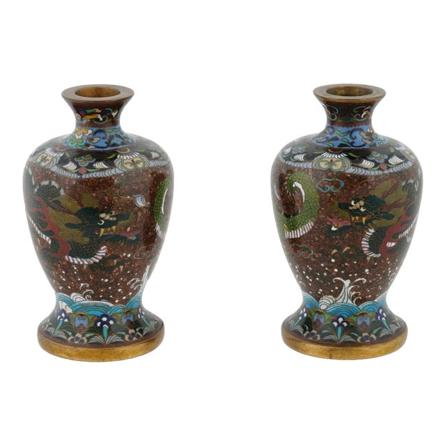 Antique Pair of Meiji Japanese Cloisonne Enamel Goldstone Dragon Vases For Sale