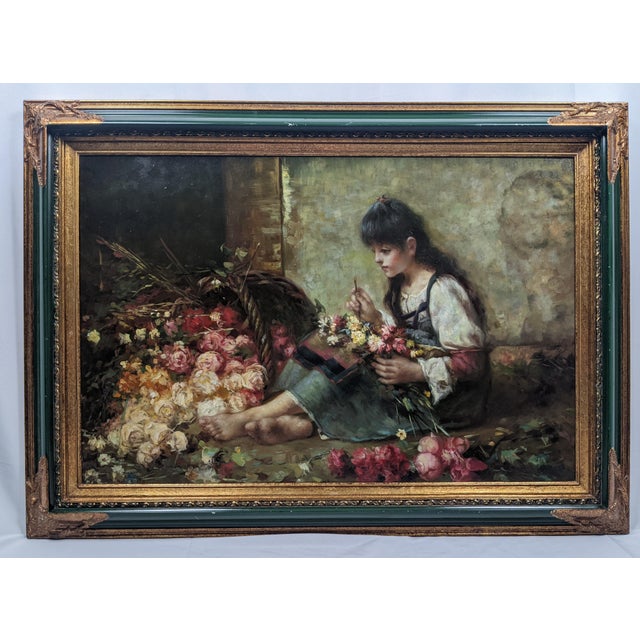 Victorian Late 19th Century Attributed Sophie-Vera Bovet Large Vivid Floral Figurative Oil Painting, Green & Gold Gilt Frame For Sale - Image 3 of 17