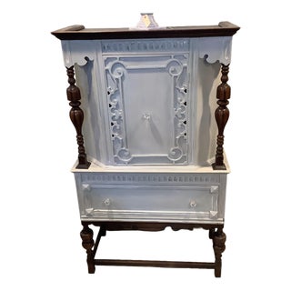 Vintage China Cabinet Painted Gray W Natural Dark Wood Carvings Interior Storage Scandinavian Design For Sale