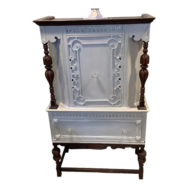 Vintage China Cabinet Painted Gray W Natural Dark Wood Carvings Interior Storage Scandinavian Design For Sale