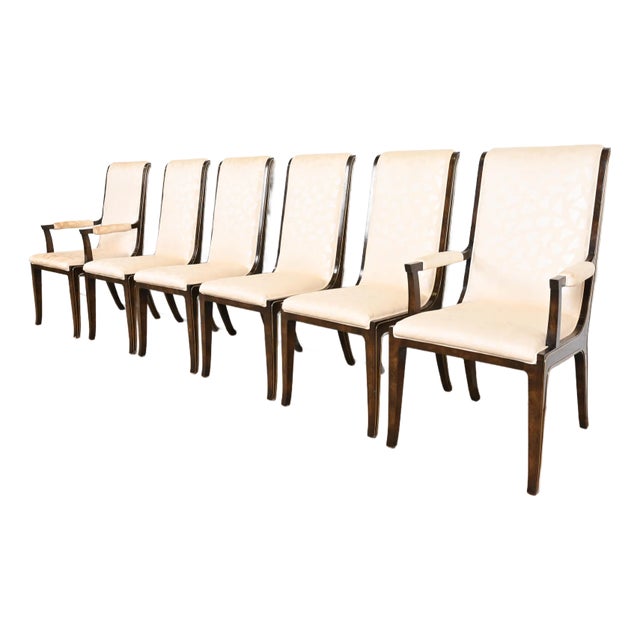 William Doezema for Mastercraft Attributed Hollywood Regency Burl Wood and Brass Dining Chairs, Set of Six For Sale