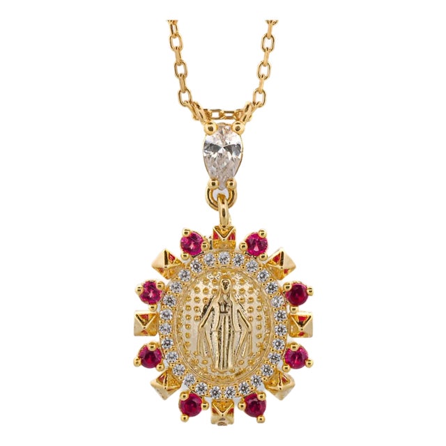 Ruby & Diamond Virgin Mary Pendant Gold Chain Necklace For Sale