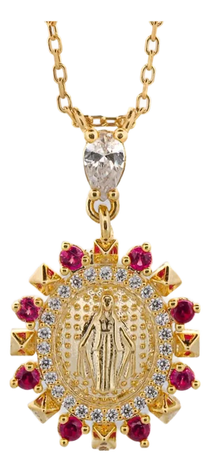 Ruby & Diamond Virgin Mary Pendant Gold Chain Necklace