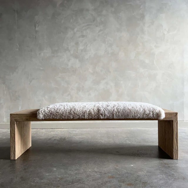 Mid-Century Modern Casi Norwegian Sheep Upholstered Elm Bench - Off Center For Sale - Image 3 of 7