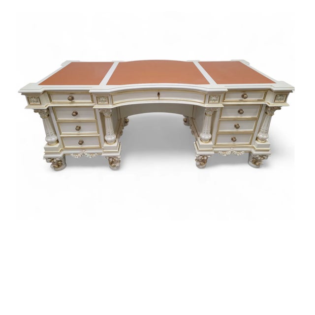 Wood Vintage Custom Venetian Antique Rococo Style Antique White Carved Executive Desk For Sale - Image 7 of 13