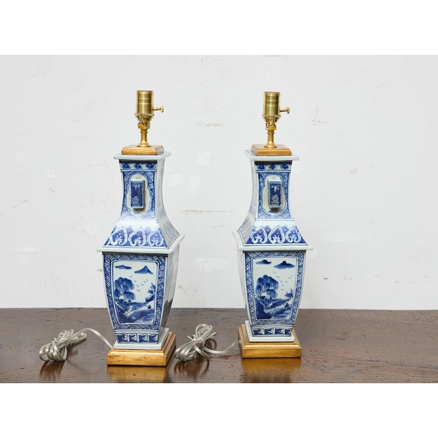 1920s Blue and White Porcelain Table Lamps, Asian - Pair For Sale In Atlanta - Image 6 of 11
