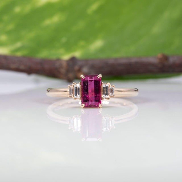 2020s Pink Tourmaline Ring With Earth-Mined Diamond Accents: Solid 14k Gold, 7x4mm, Size 6.75 For Sale - Image 5 of 9