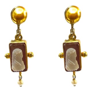 Antique 14k Yellow Gold Cameo Drop Earrings - 2 Pieces For Sale
