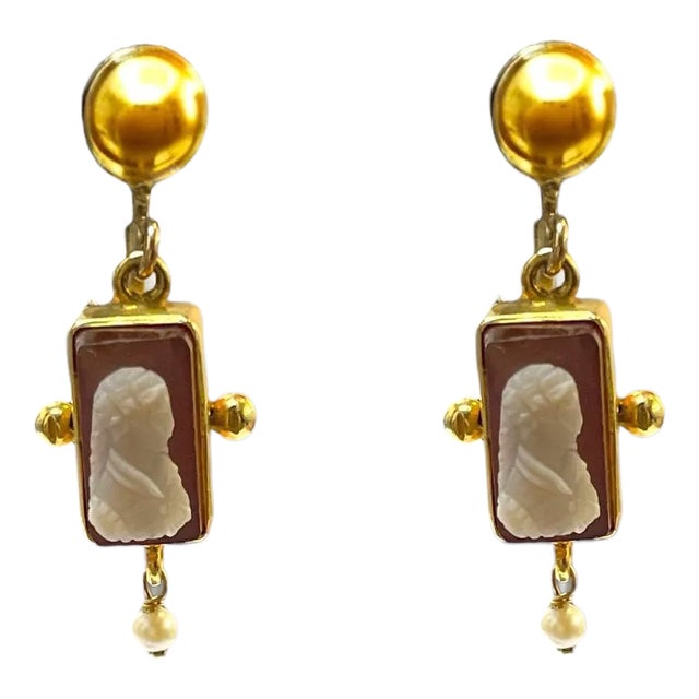 Antique 14k Yellow Gold Cameo Drop Earrings - 2 Pieces For Sale
