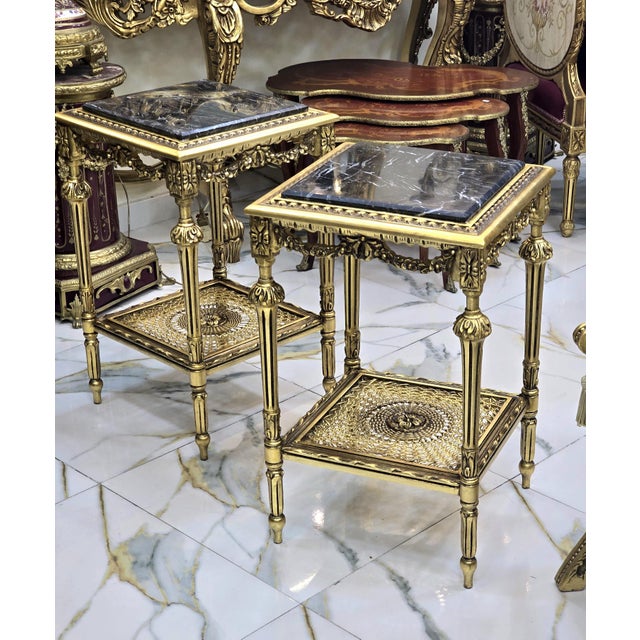 French Style Black Marble Topped Gold Side Tables - Set of 2 For Sale - Image 4 of 4