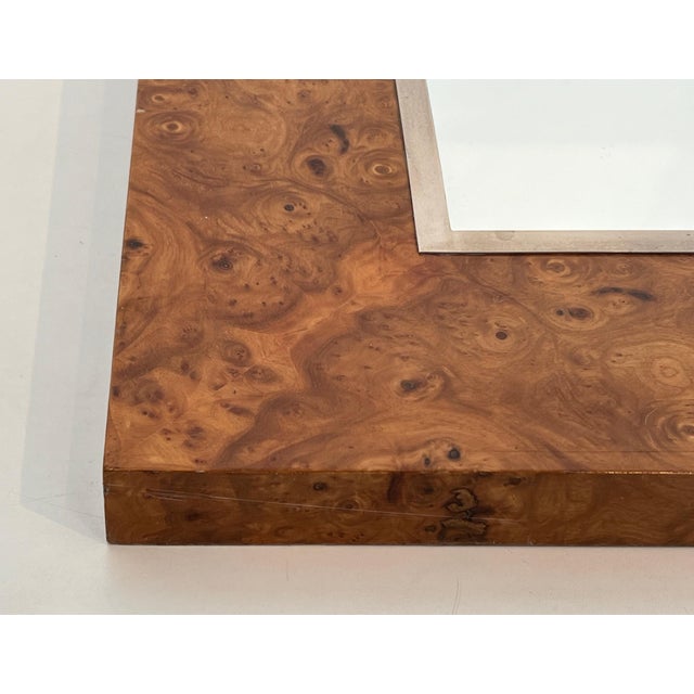 Mid-Century Modern Square mirror in elm burl veneer and chrome by Willy Rizzo. Circa 1970 For Sale - Image 3 of 12