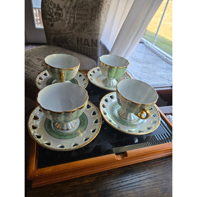 Traditional 1920sImperial Czechoslovakia Iridescent Lusterware Tea Cup and Saucer Set - Set of 4 For Sale - Image 3 of 8