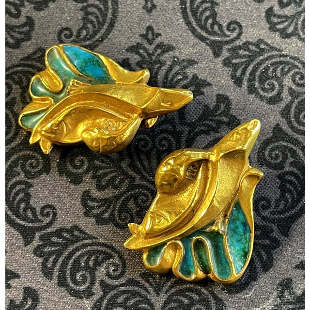 Turquoise Pair of Bronze and Enamel Earrings Line Vautrin For Sale - Image 8 of 10