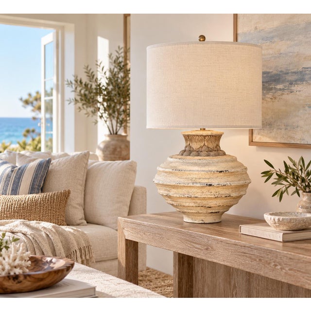 Late 20th Century Late 20th Century Sculptural Shell Urn Table Lamp With Ivory Linen Drum Shade For Sale - Image 5 of 6