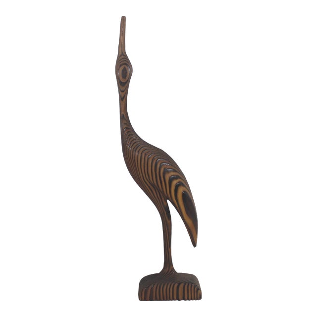 16” Mid Century Modern Wood Crane Vintage Carved Bird Figurine, Tall Handmade Wooden Sculpture MCM Heron Egret Witco Style For Sale