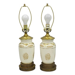 Vintage Victorian Cream & Gold Gilt Porcelain Table Lamps Attr Lenox - A Pair For Sale
