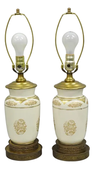 Vintage Victorian Cream & Gold Gilt Porcelain Table Lamps Attr Lenox - A Pair