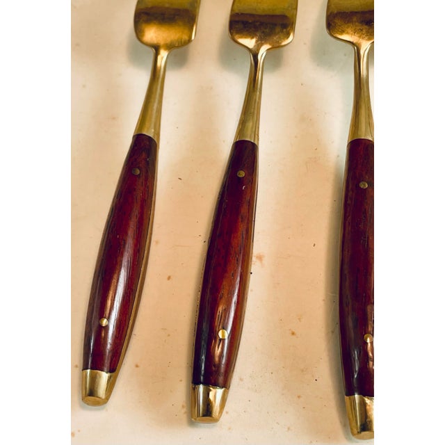 Mid 20th Century Rosewood & Brass Small Desert H'Ordreves Forks Flatware Set of 5 For Sale - Image 9 of 11