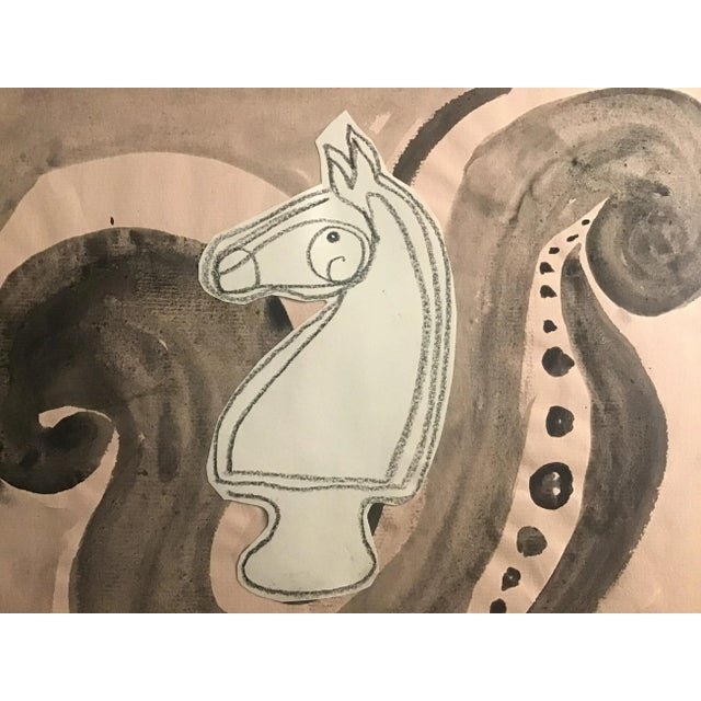 An iconic white knight figure sits on a swirling field of India ink. Collage and ink on pink textured charcoal paper. Part...