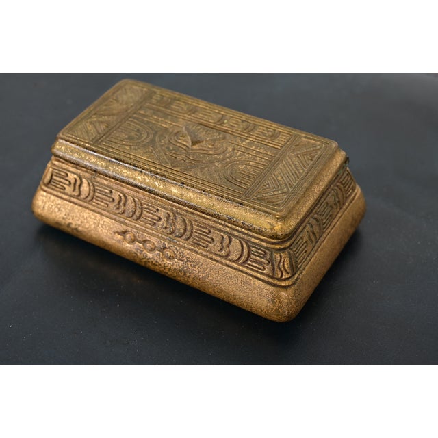 Art Deco Tiffany Studios New York American Indian Pattern Bronze Doré Stamp Box For Sale - Image 3 of 12