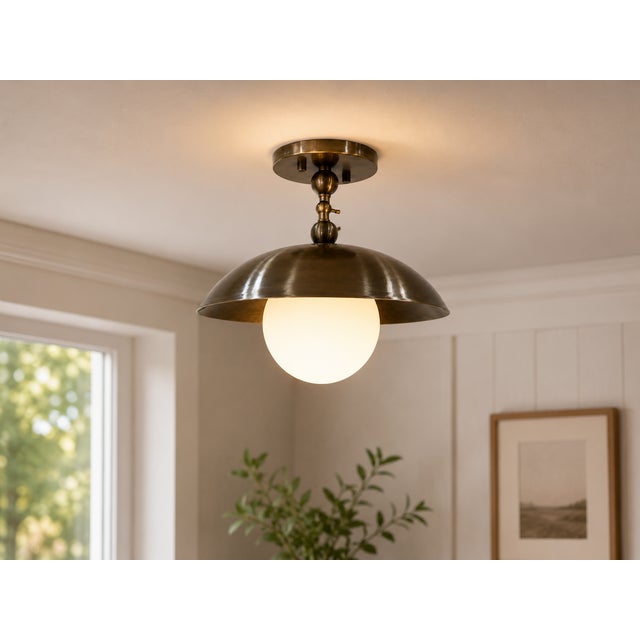 Spun Solid Brass Dome Semi-Flush Mount With Opal Glass Globe For Sale - Image 4 of 8