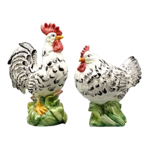Large Hand Painted Ceramic Country French Figural Rooster & Hen