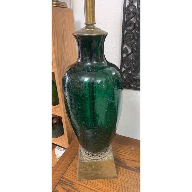 1960s Vintage Green Crackle Glass Table Lamp With Brass Base For Sale - Image 5 of 5