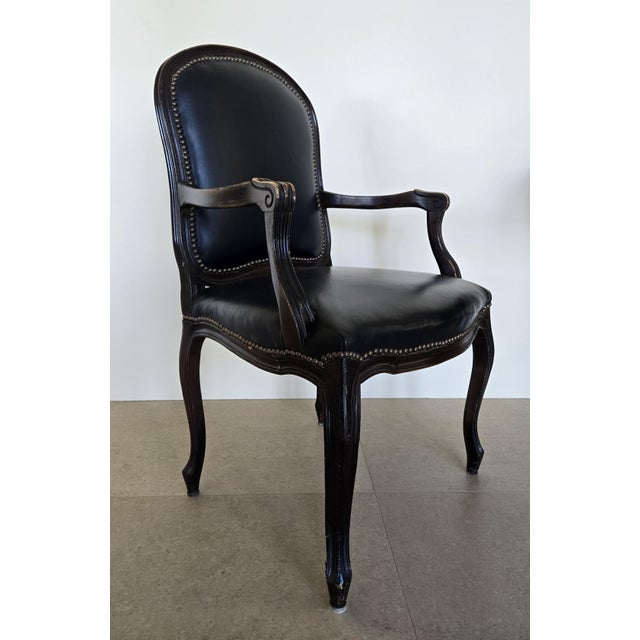 Wood 1970s French Louis XV Style Leather Fauteuil Arm Chairs With Leather Upholstery, 2 Pieces For Sale - Image 7 of 9