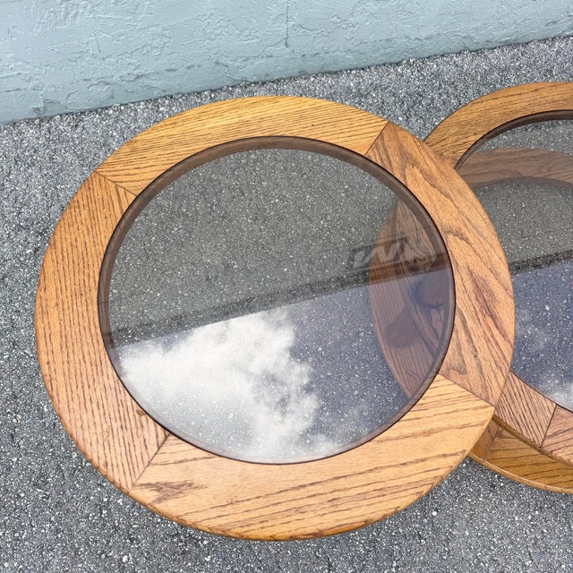 Wood Mid Century Modern Three Tier Oak and Smoked Glass Swivel Coffee Table For Sale - Image 7 of 10